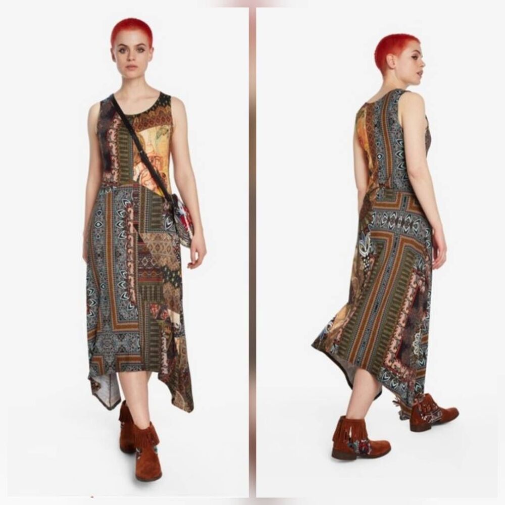 Desigual Ilena Indian Patchwork Multicolor Print Asymmetrical Hem Dress Sz. XXL